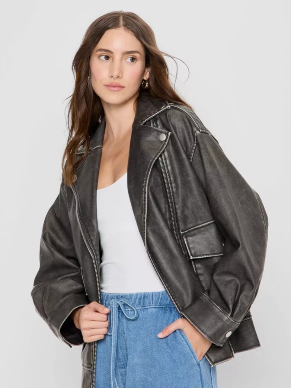 Women's Relaxed Leather Moto Jacket - Future Collective Black M